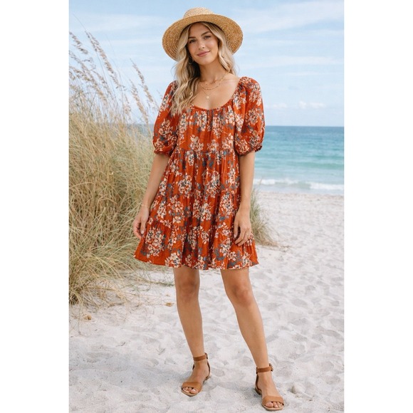 Bucket List Dresses & Skirts - Bucket List Boho Floral Mini Dress Rust Orange Puff Sleeve Tiered Medium USA